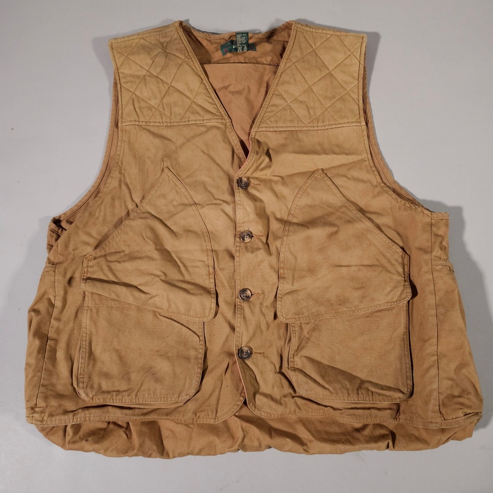 Orvis Hunting Vest Mens XL Tan Cotton Canvas Quilted Utility Game Bag Field Gear